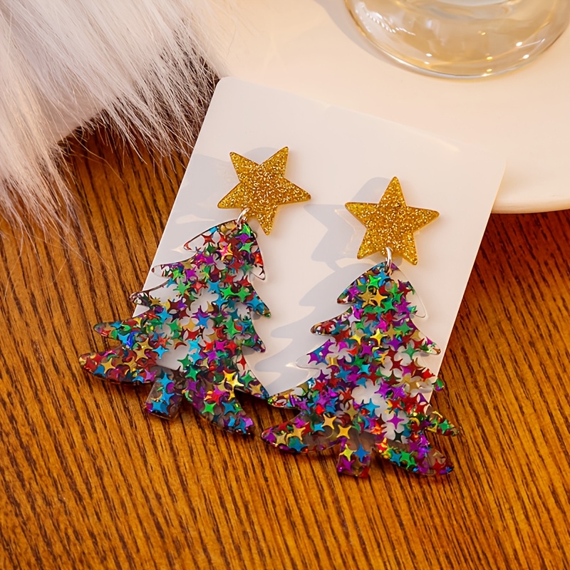 2pcs/Set Christmas Star Sequin Tree Earrings, Festive Gift
